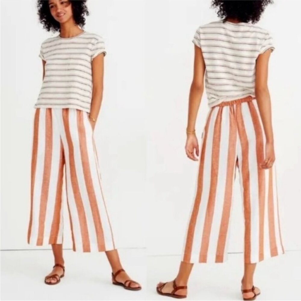 Madewell Women Pants Sz M Orange White Striped‎ Huston Pull On Crop Wide Leg